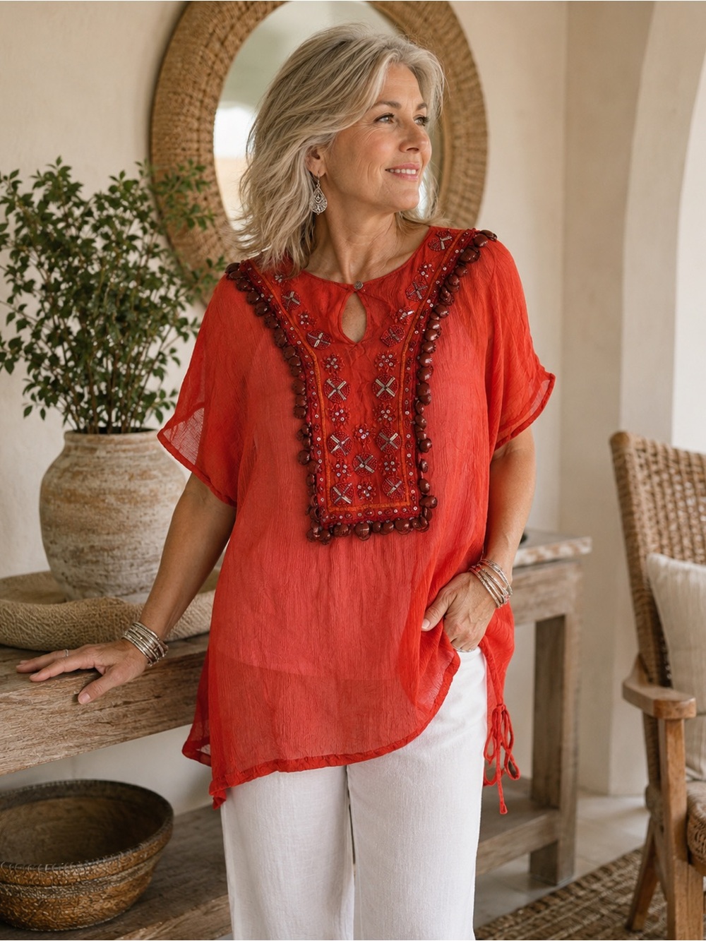 Chico’s Size 3 100% Silk Embellished Boho Tunic Top
